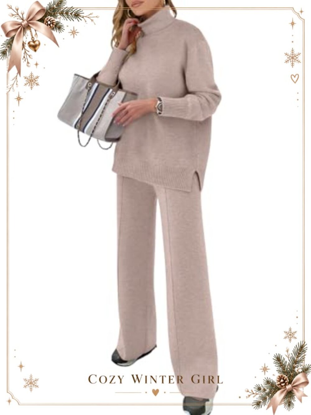 2 Piece Turtleneck Knit Pullover Top & Wide Leg Pants Lounge Set